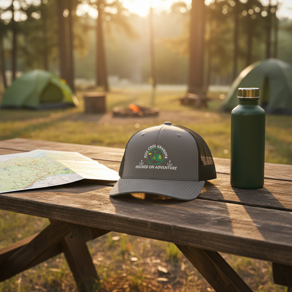 REEL COOL GRANDPA trucker cap with charcoal front and black mesh back on a rustic campsite bench at golden hour.