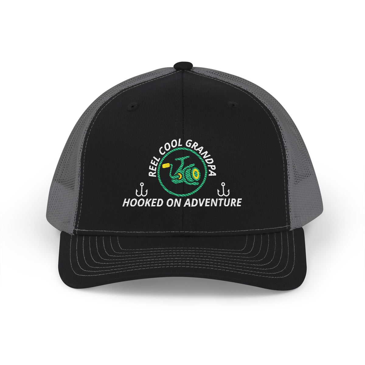 Reel Cool Grandpa embroidered trucker cap, front view, black front with charcoal mesh back