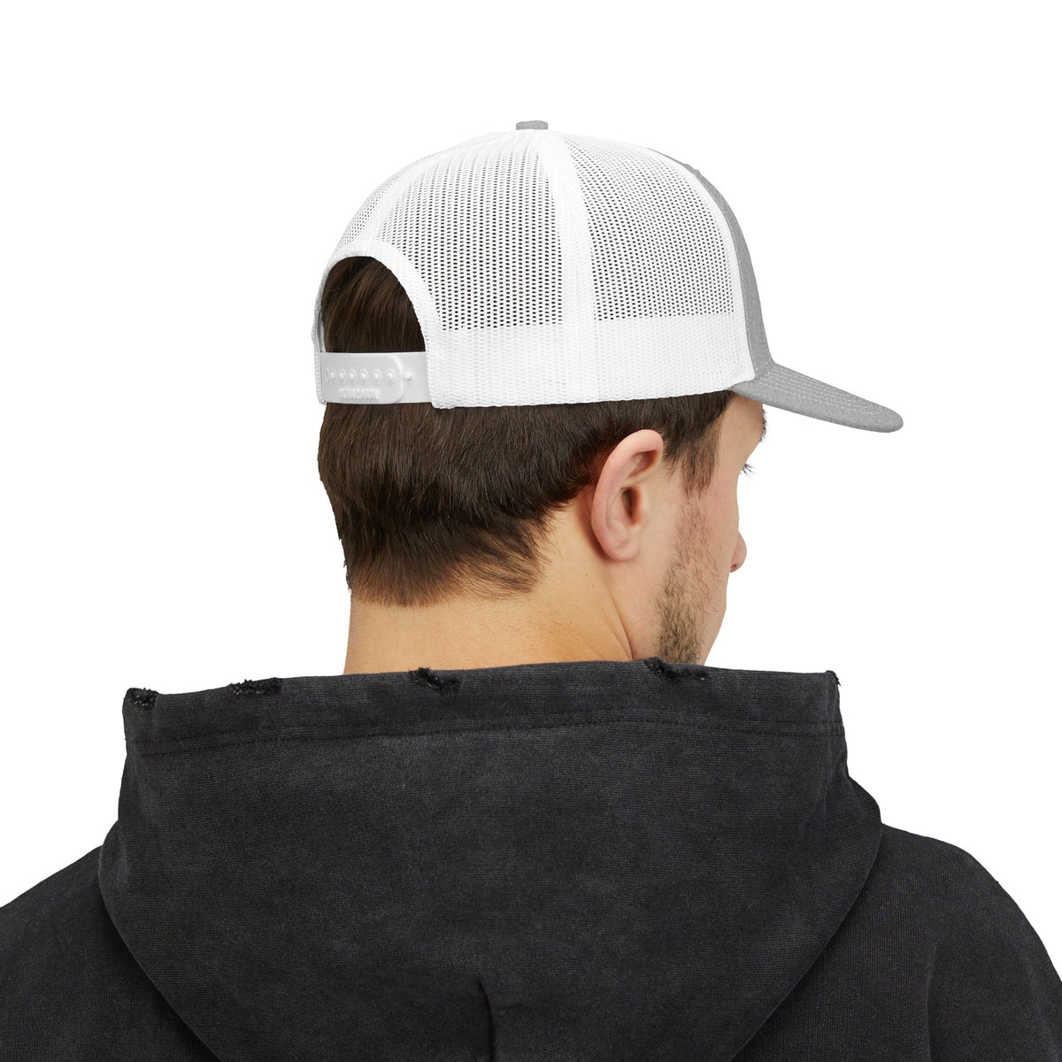 Reel Cool Grandpa embroidered trucker cap on model, back side view, heather grey front with white mesh back