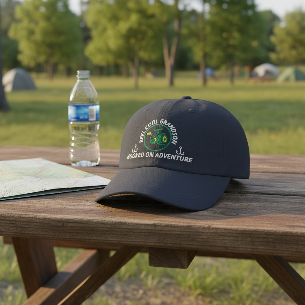 REEL COOL GRANDSON navy dad cap on a rustic campsite bench at golden hour.