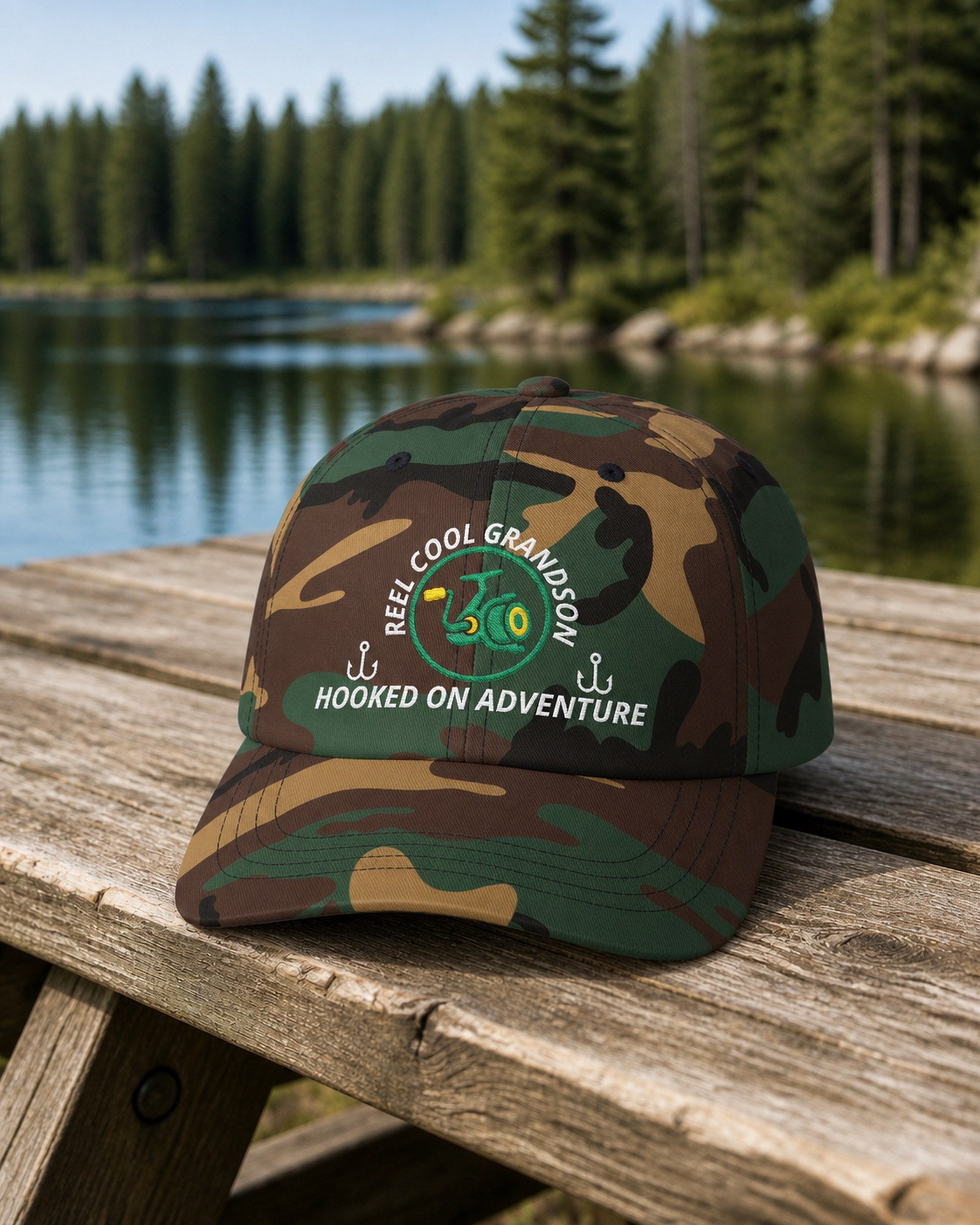 Green Camo REEL COOL GRANDSON embroidered dad cap on a weathered wooden picnic table beside a pine-lined forest lake.