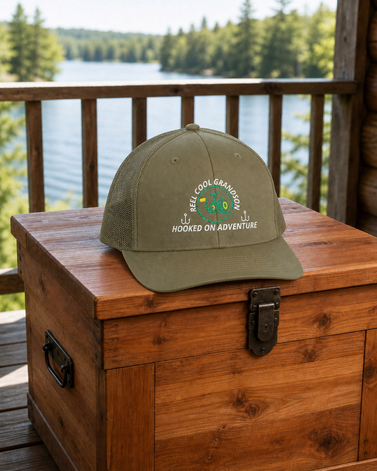 Loden REEL COOL GRANDSON embroidered trucker cap on a cedar gear chest overlooking a pine-lined forest lake.