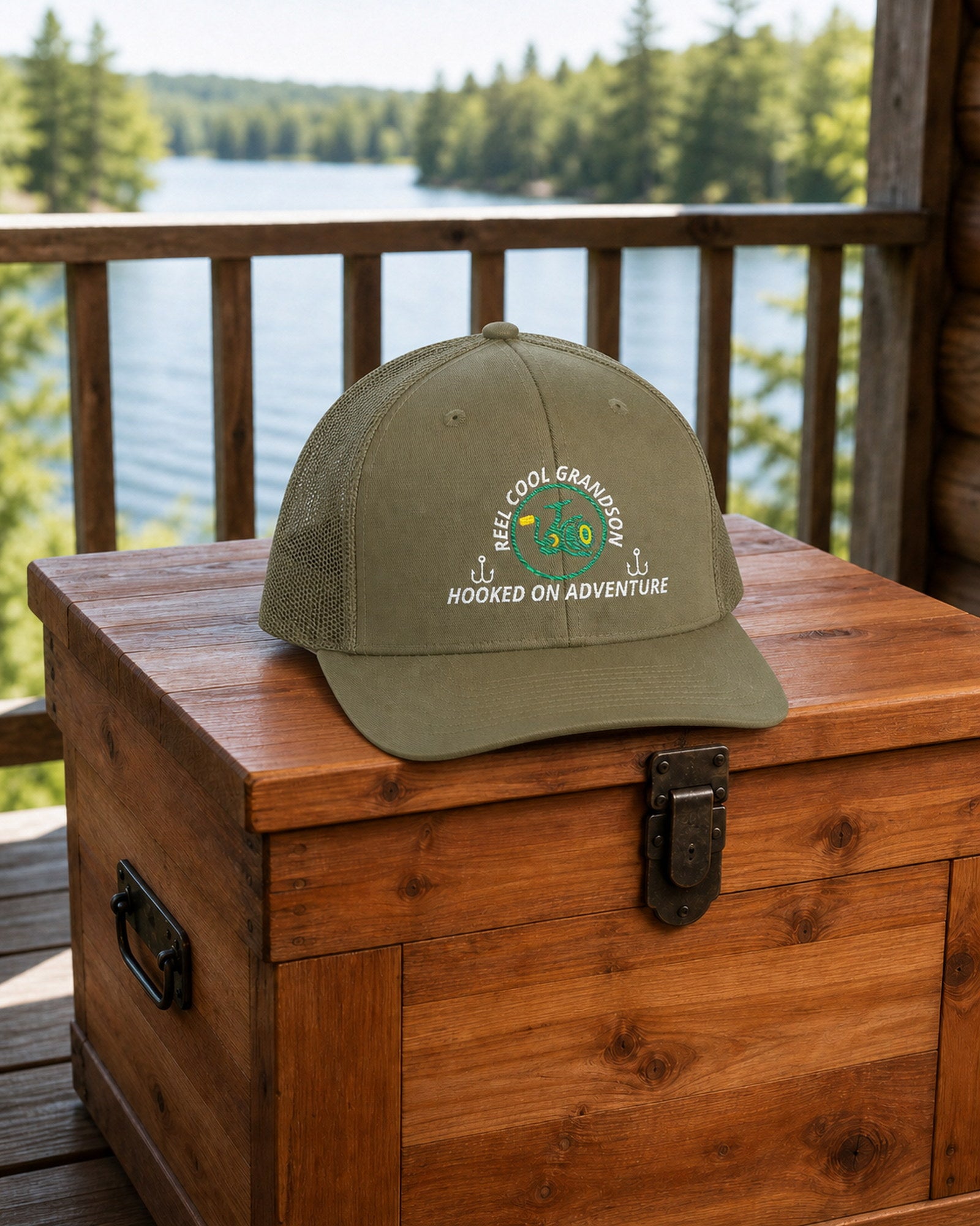 Loden REEL COOL GRANDSON embroidered trucker cap on a cedar gear chest overlooking a pine-lined forest lake.