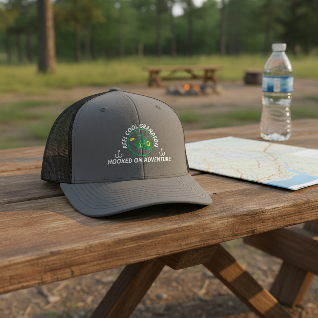 REEL COOL GRANDSON trucker cap with charcoal front and black mesh back on a rustic campsite bench at golden hour.