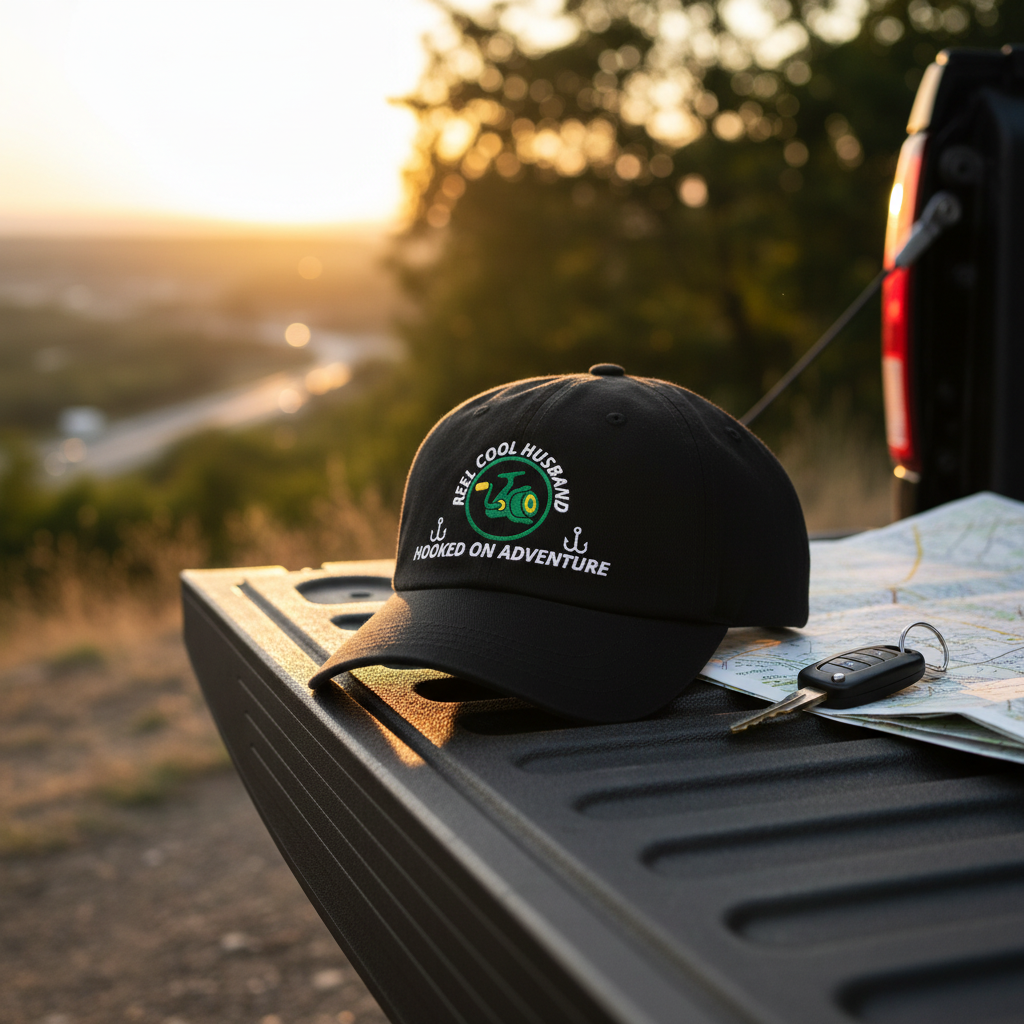 REEL COOL HUSBAND black dad cap displayed on a scenic outdoor tailgate.