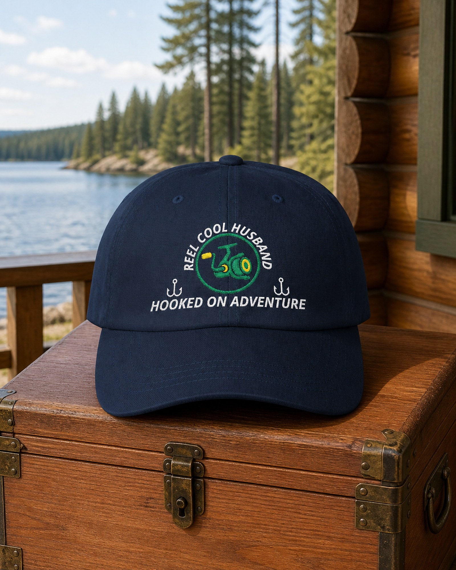 Navy REEL COOL HUSBAND embroidered dad cap on a cedar gear chest overlooking a pine-lined forest lake.
