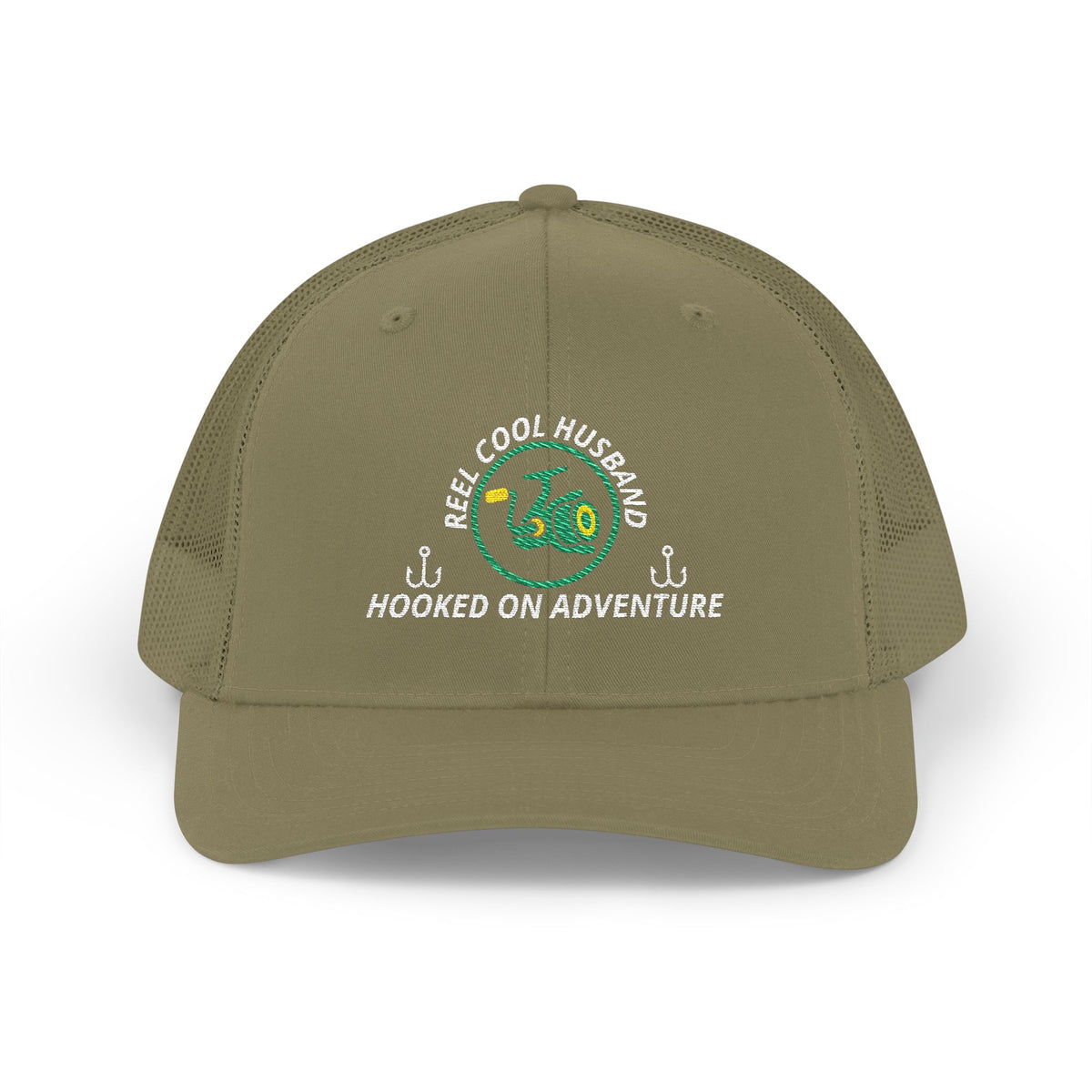 Reel Cool Husband embroidered trucker cap, front view, loden