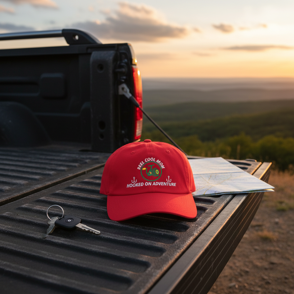 REEL COOL MOM cranberry dad cap displayed on a scenic outdoor tailgate.