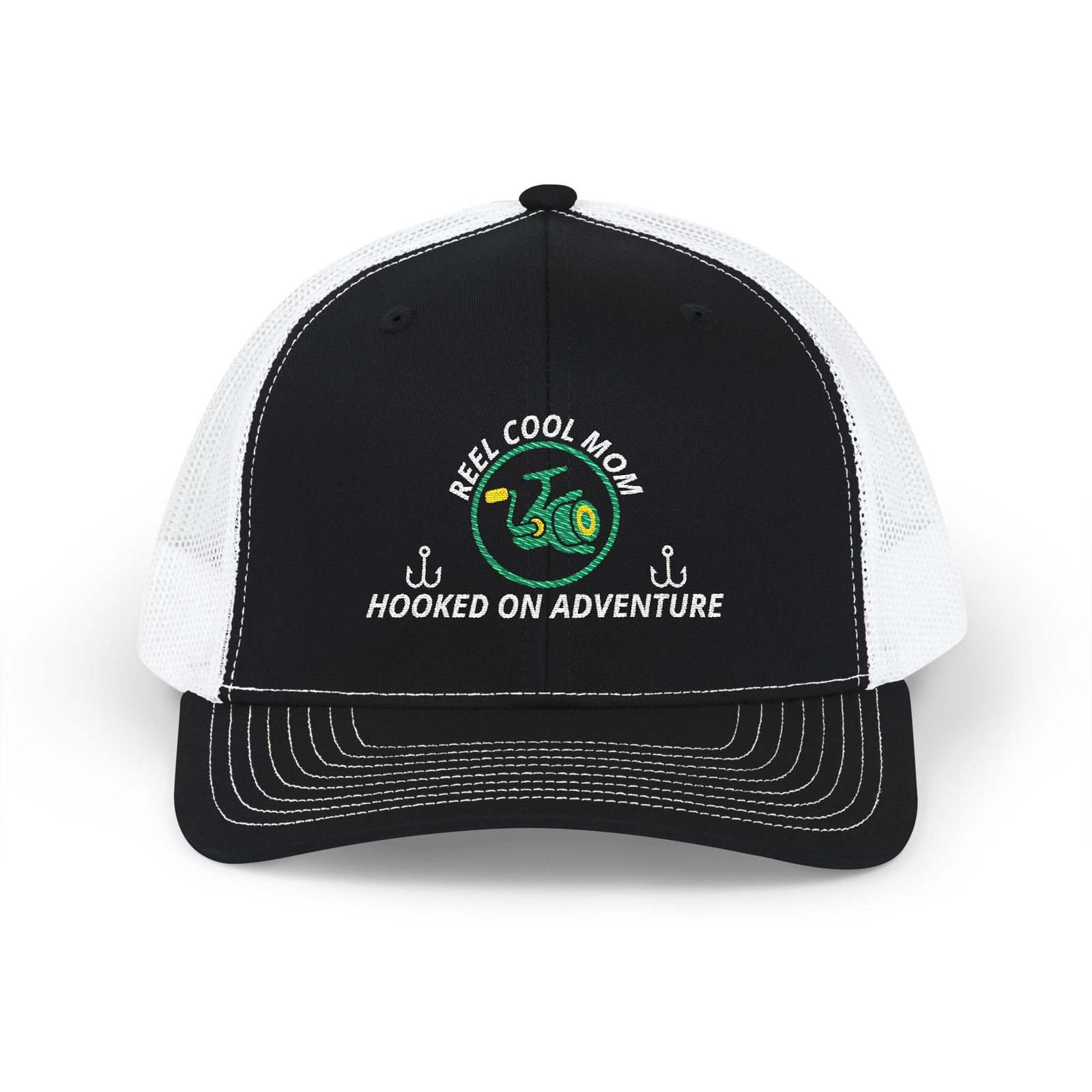 Reel Cool Mom embroidered trucker cap, front view, black front with white mesh back
