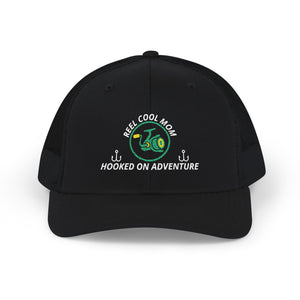 Reel Cool Mom embroidered trucker cap, front view, black