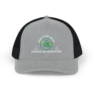 Reel Cool Mom embroidered trucker cap, front view, heather grey front with black mesh back