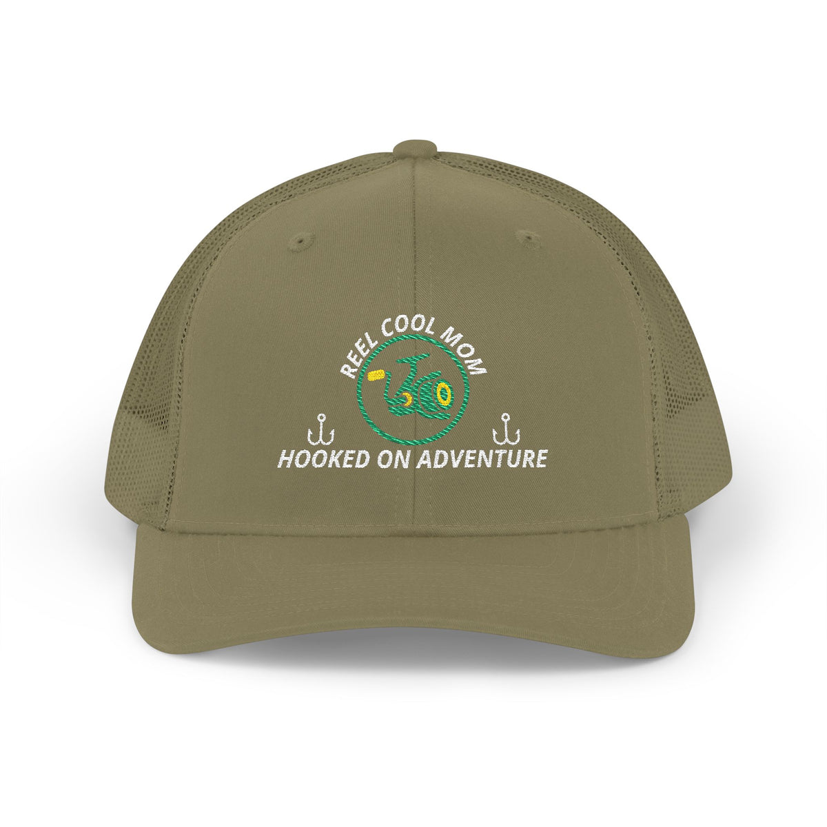 Reel Cool Mom embroidered trucker cap, front view, loden