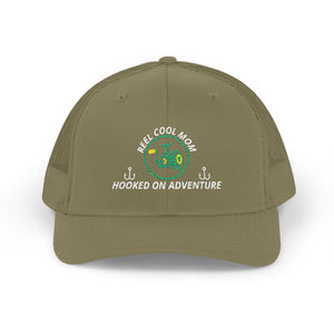 Reel Cool Mom embroidered trucker cap, front view, loden
