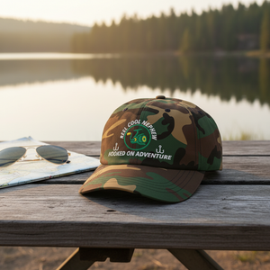 REEL COOL NEPHEW green camo dad cap on a wooden table in a warm lakeside setting.