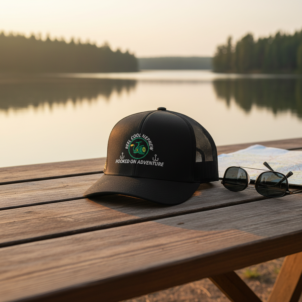 REEL COOL NEPHEW trucker cap with black front and black mesh back on a wooden table in a warm lakeside setting.