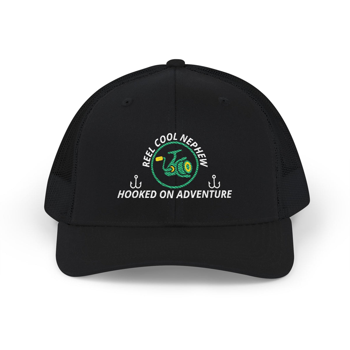 Reel Cool Nephew embroidered trucker cap, front view, black