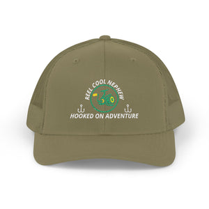 Reel Cool Nephew embroidered trucker cap, front view, loden