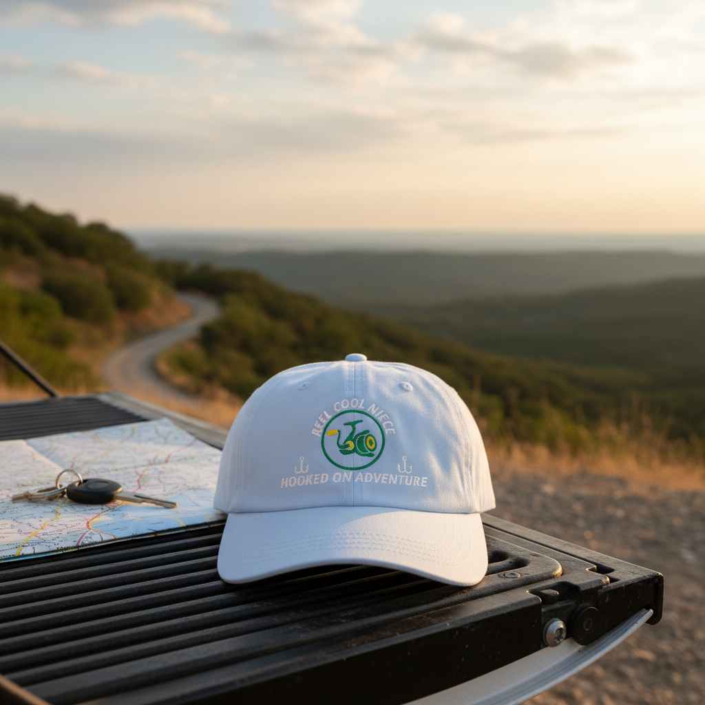 REEL COOL NIECE light blue dad cap displayed on a scenic outdoor tailgate.