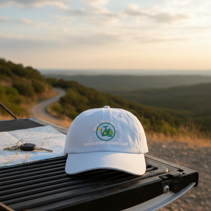 REEL COOL NIECE light blue dad cap displayed on a scenic outdoor tailgate.