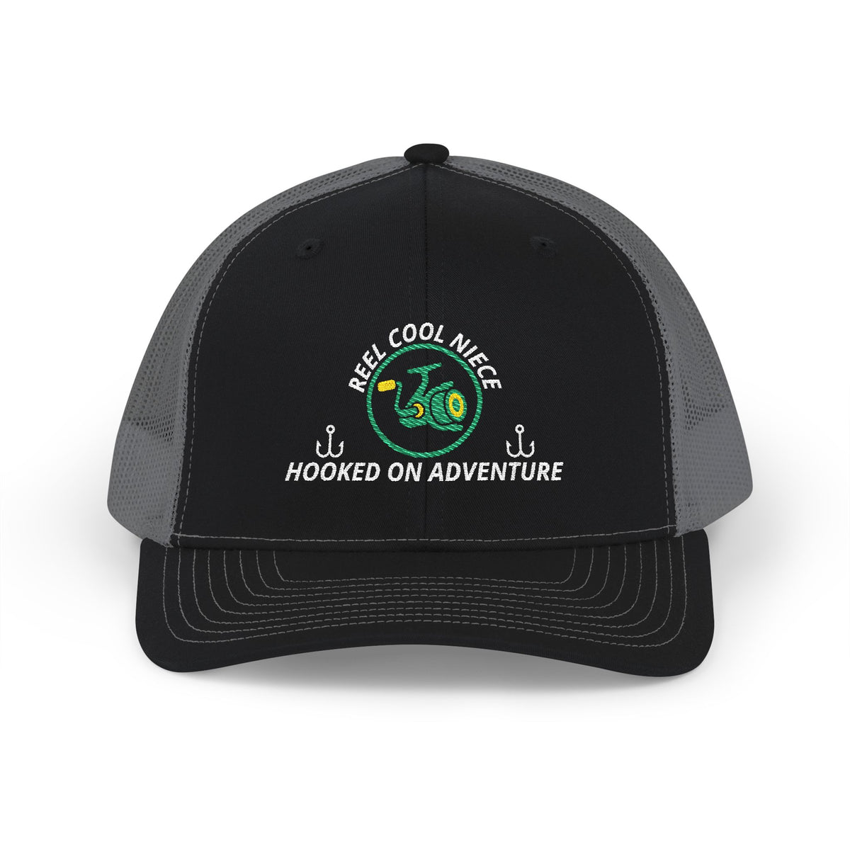 Reel Cool Niece embroidered trucker cap, front view, black front with charcoal mesh back