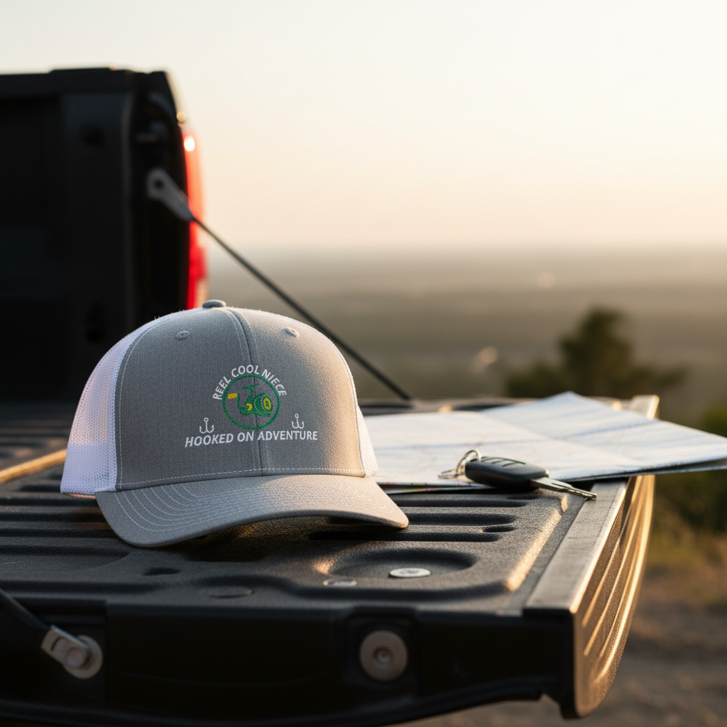 REEL COOL NIECE trucker cap with heather gray front and white mesh back displayed on a scenic outdoor tailgate.