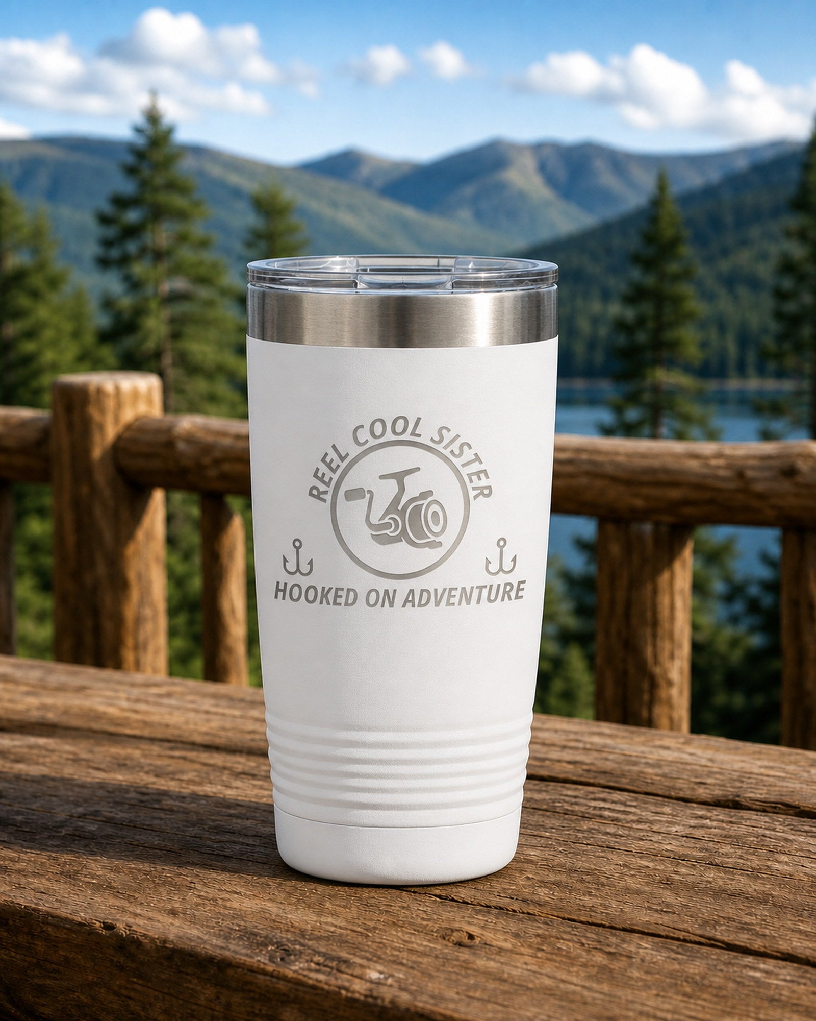 White 20-ounce REEL COOL SISTER engraved tumbler on a sturdy cabin porch table overlooking forested mountains.