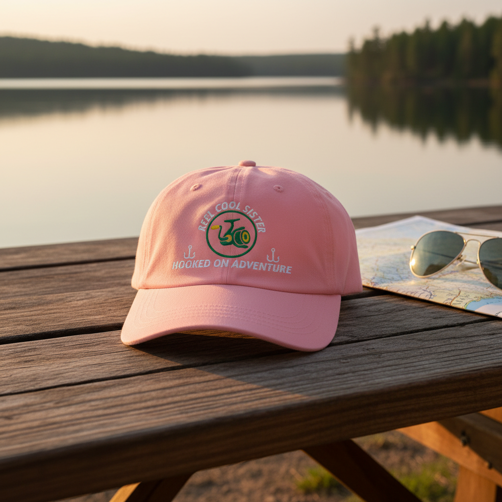 REEL COOL SISTER pink dad cap on a wooden table in a warm lakeside setting.
