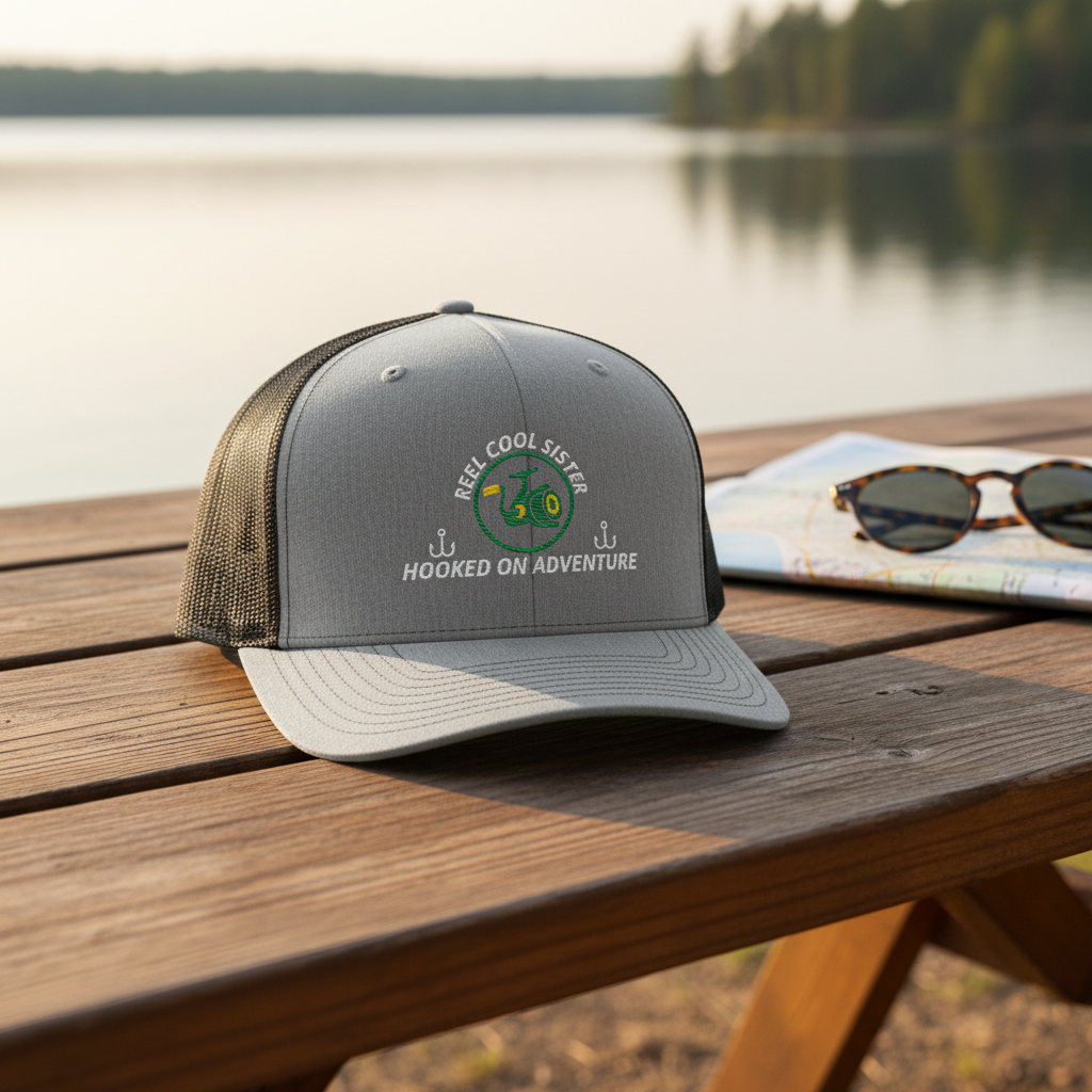 REEL COOL SISTER trucker cap with heather gray front and black mesh back on a wooden table in a warm lakeside setting.
