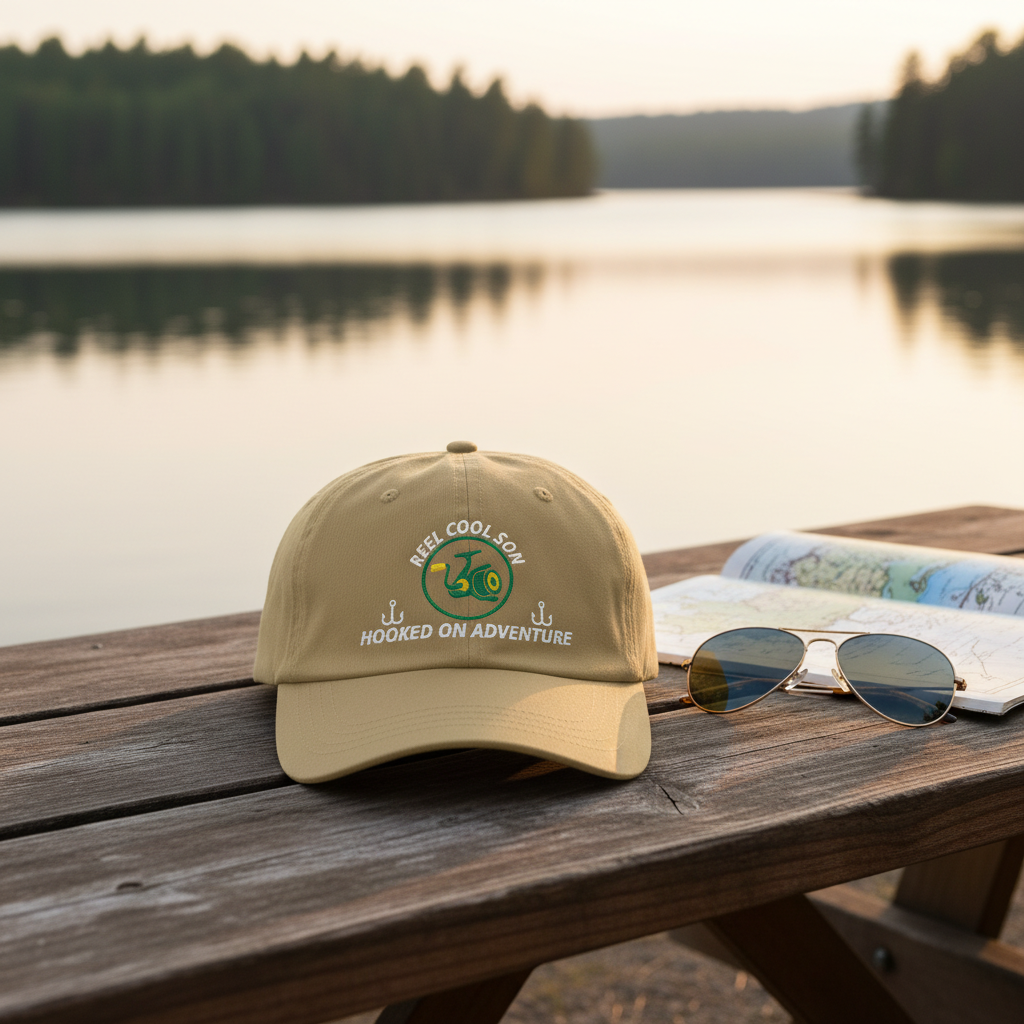 REEL COOL SON khaki dad cap on a wooden table in a warm lakeside setting.