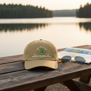 REEL COOL SON khaki dad cap on a wooden table in a warm lakeside setting.