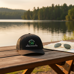 REEL COOL SON trucker cap with black front and black mesh back on a wooden table in a warm lakeside setting.
