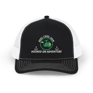 Reel Cool Son embroidered trucker cap, front view, black front with white mesh back