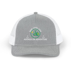 Reel Cool Son embroidered trucker cap, front view, heather grey front with white mesh back
