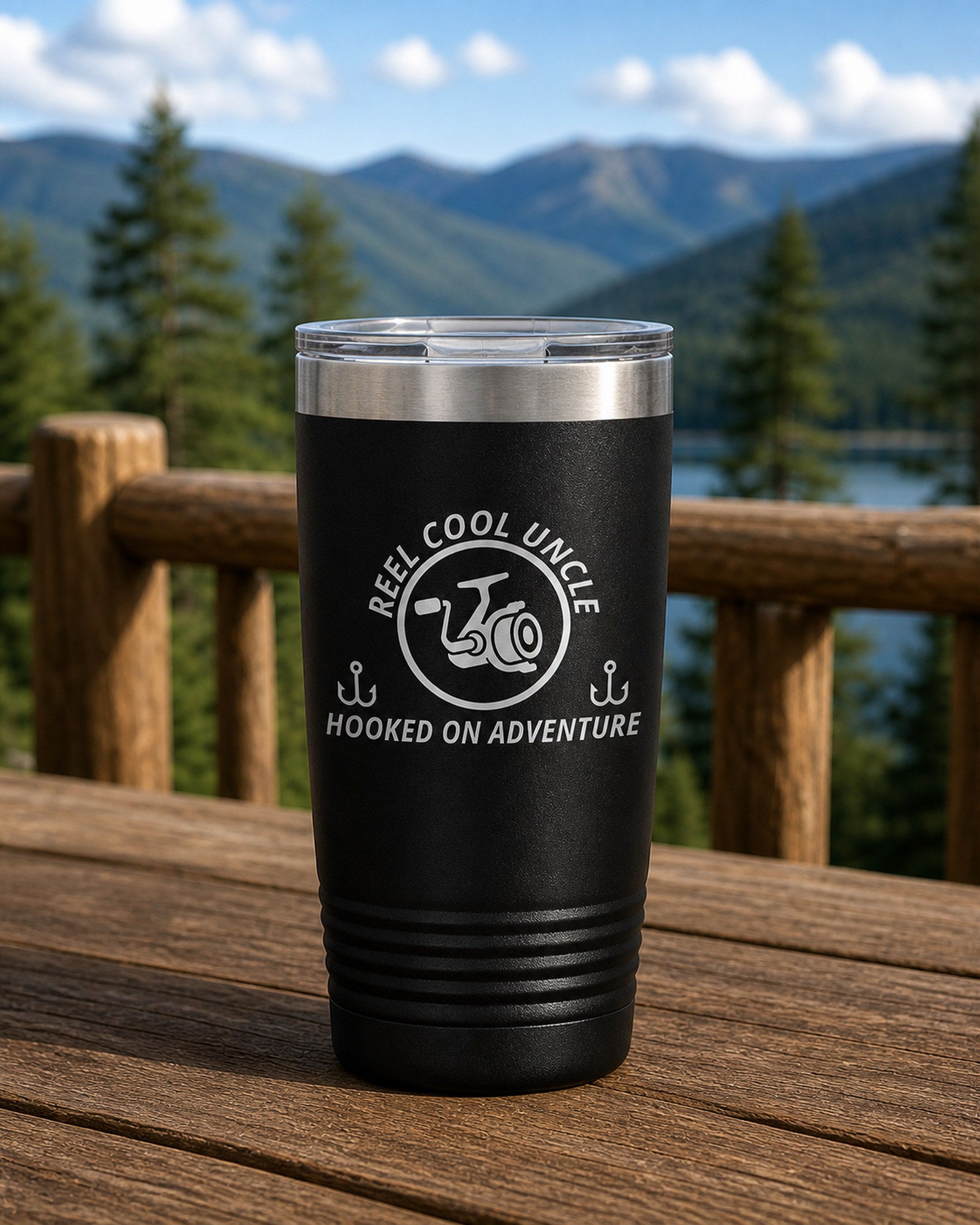 Black 20-ounce REEL COOL UNCLE engraved tumbler on a sturdy cabin porch table overlooking forested mountains.