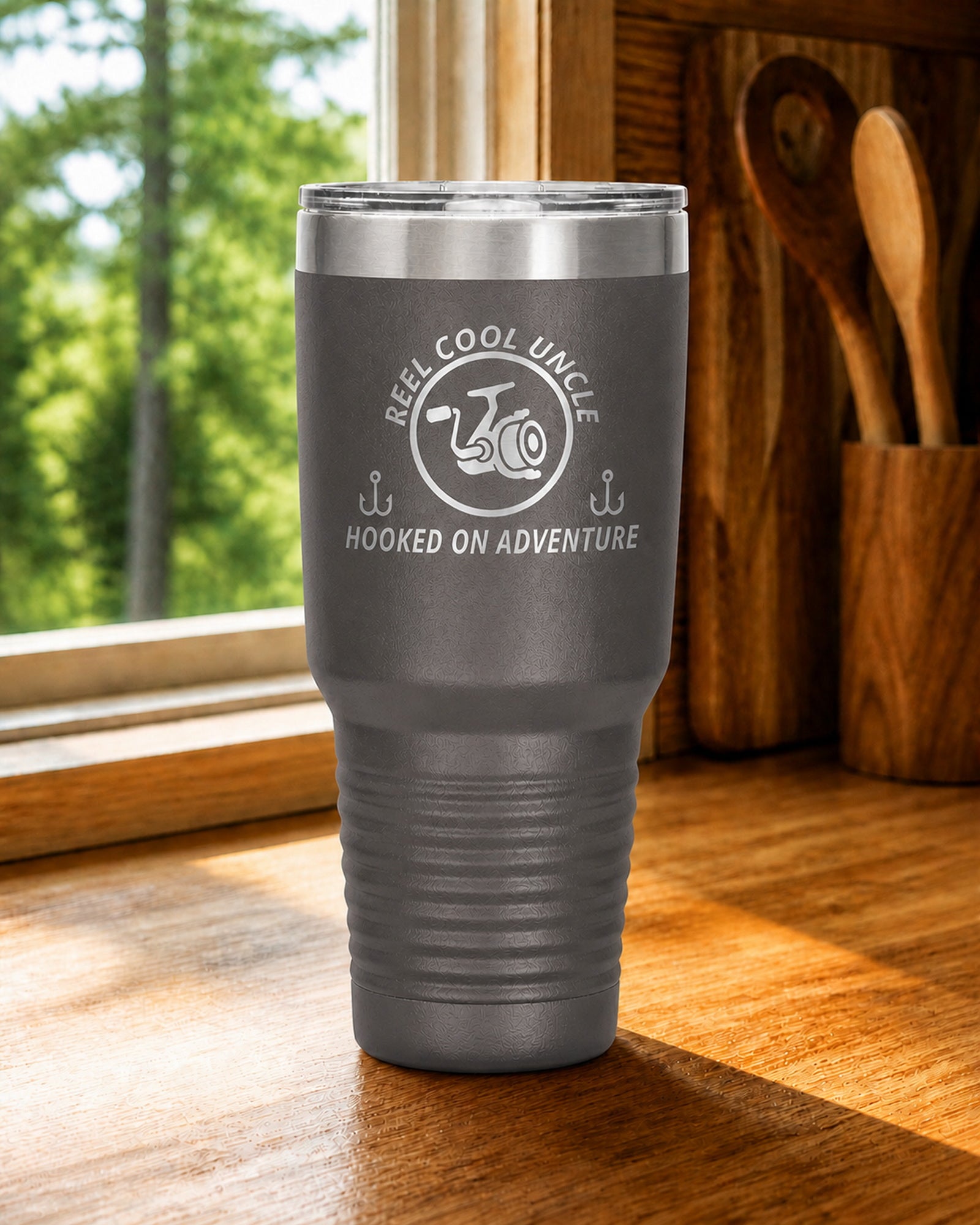 Pewter 30-ounce REEL COOL UNCLE engraved tumbler on a bright wood cabin counter beside a window overlooking green forest.