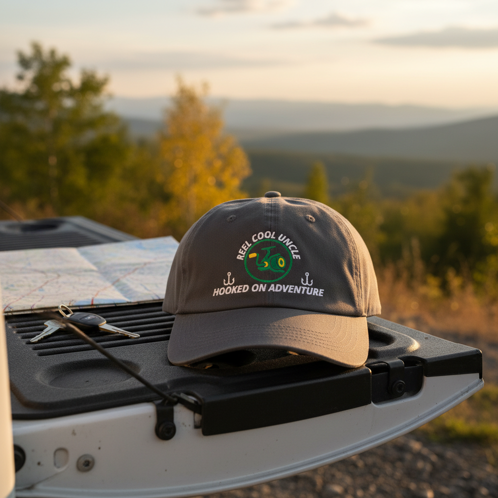 REEL COOL UNCLE dark gray dad cap displayed on a scenic outdoor tailgate.