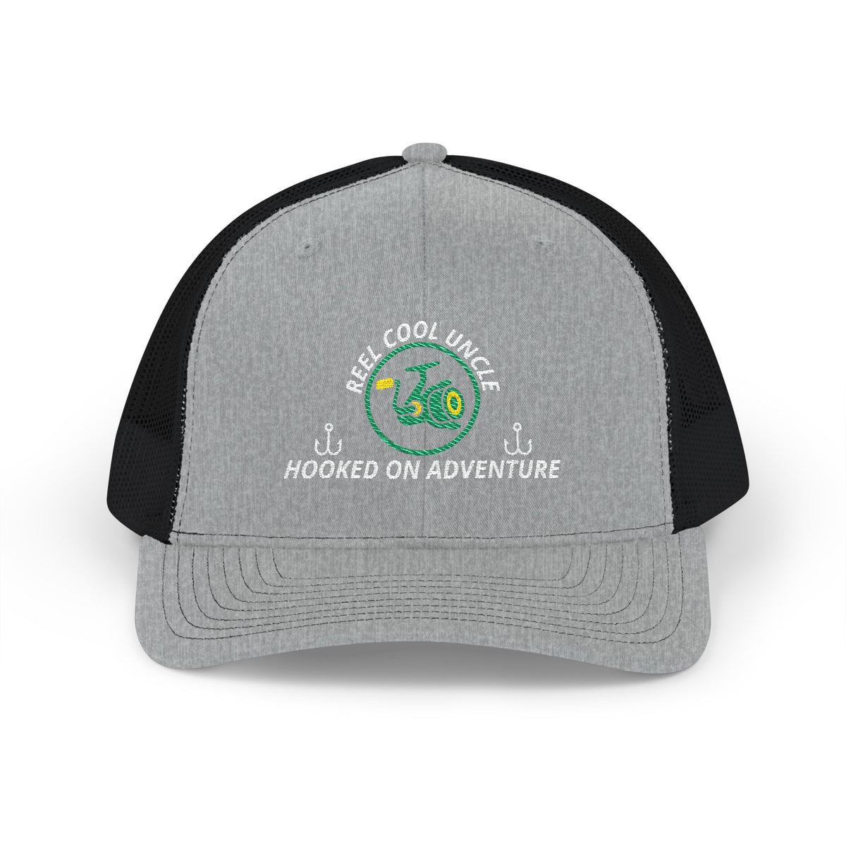 Reel Cool Uncle embroidered trucker cap, front view, heather grey front with black mesh back