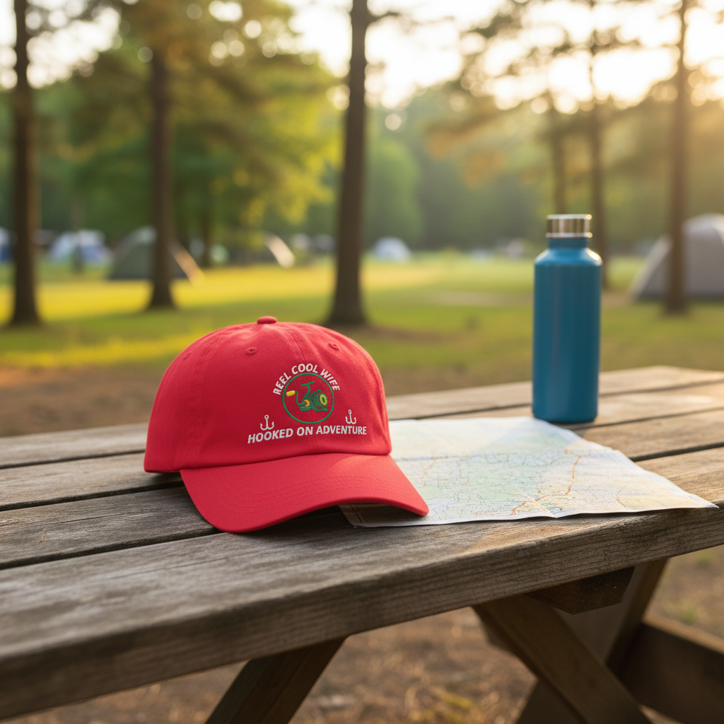 REEL COOL WIFE cranberry dad cap on a rustic campsite bench at golden hour.