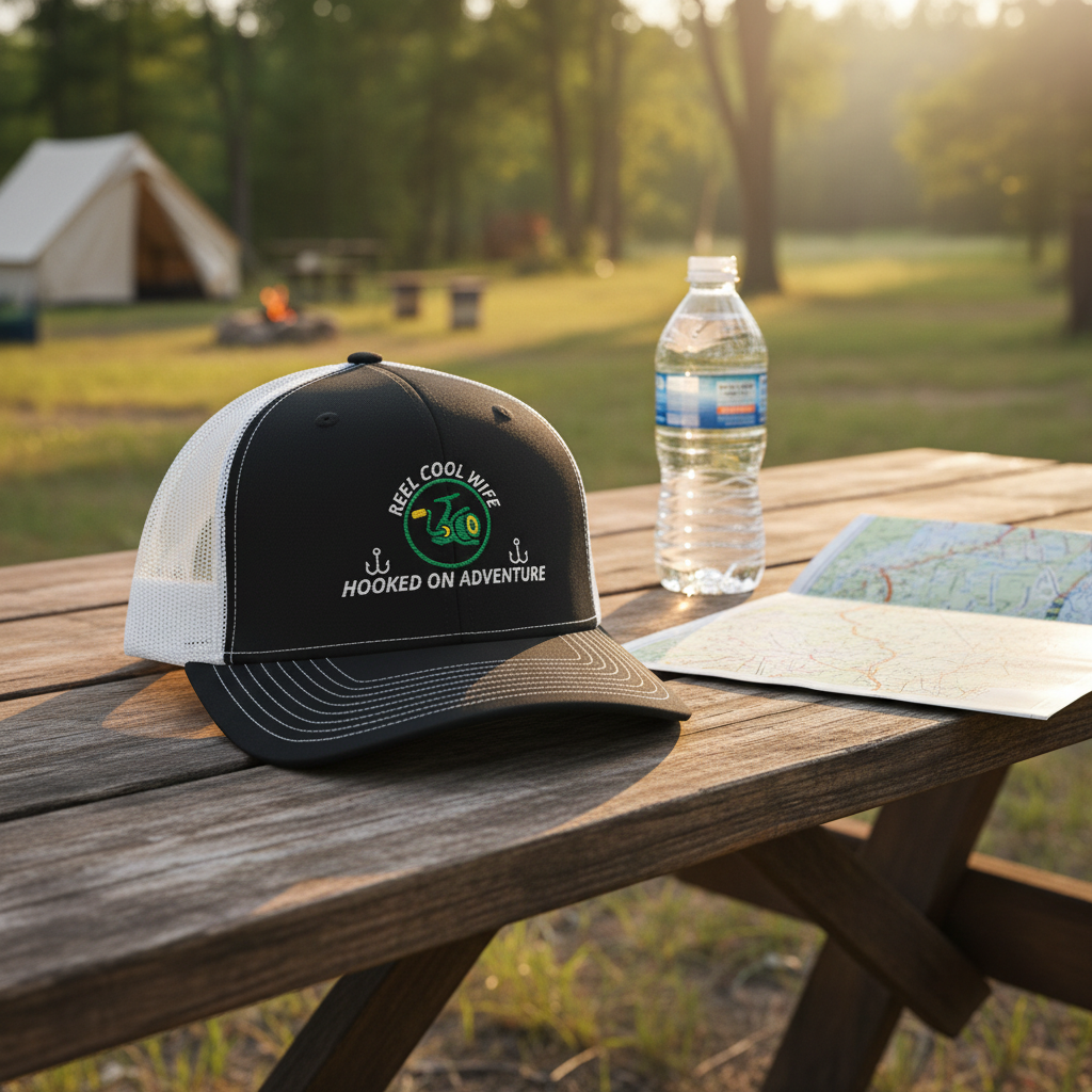 REEL COOL WIFE trucker cap with black front and white mesh back on a rustic campsite bench at golden hour.