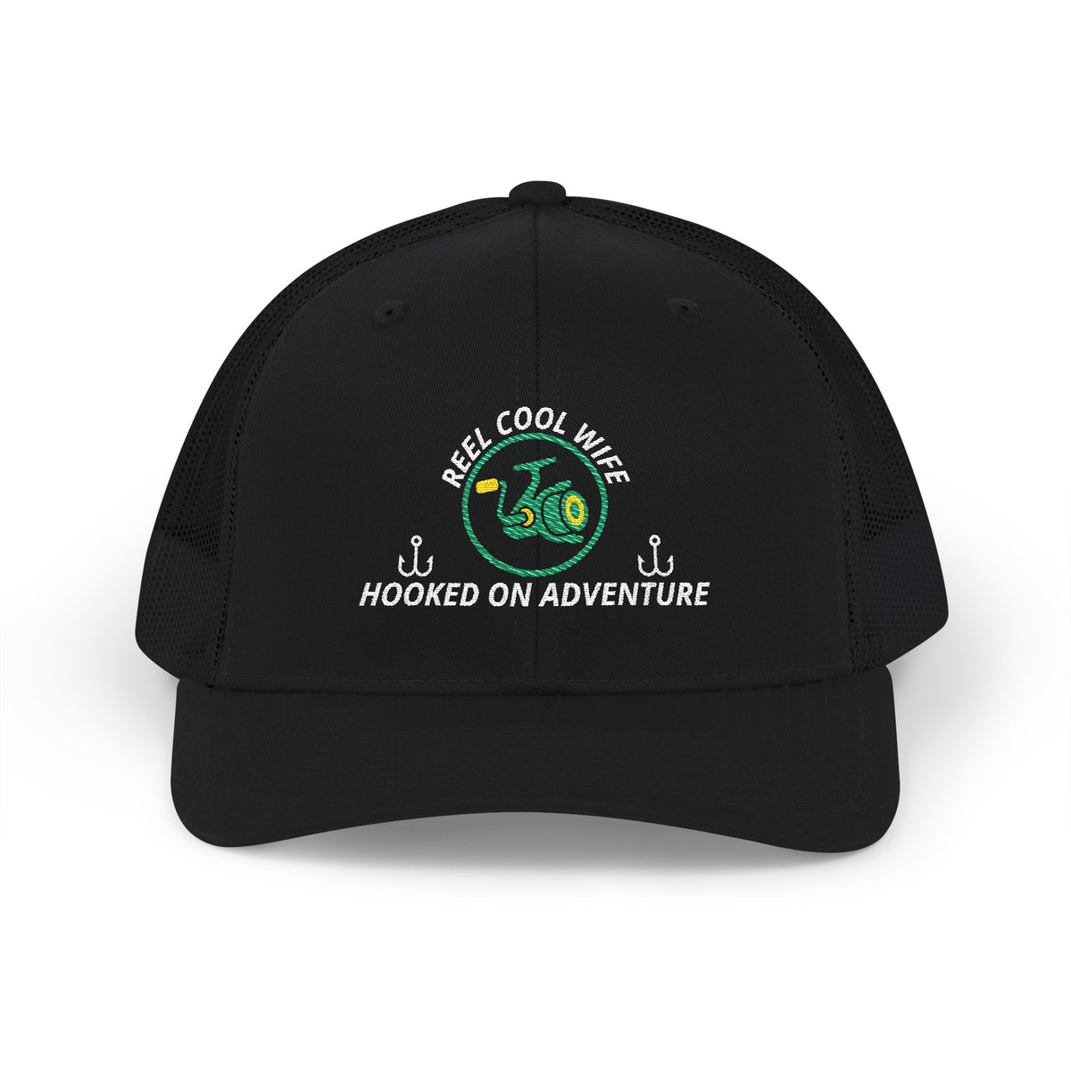 Reel Cool Wife embroidered trucker cap, front view, black