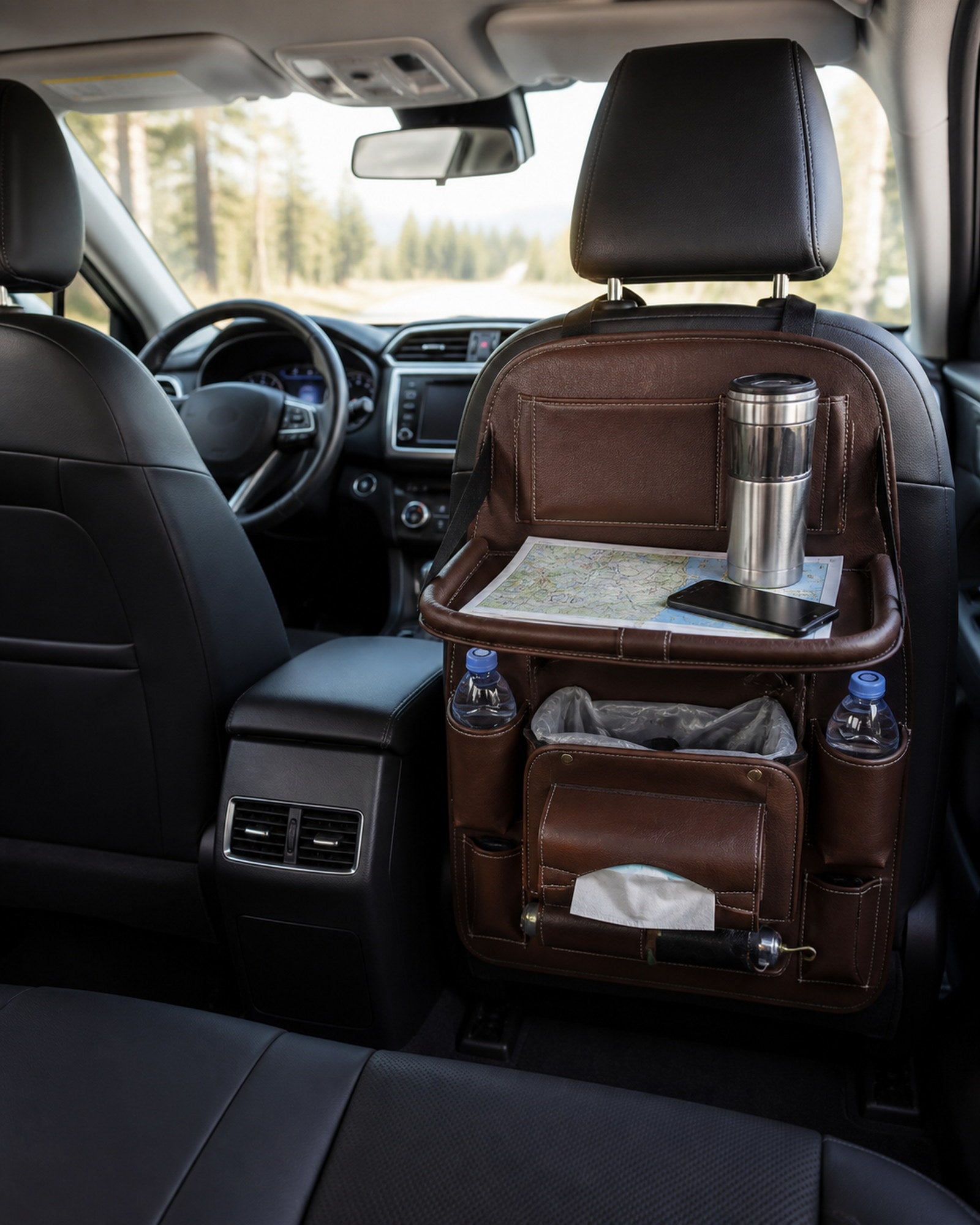 Coffee-brown seat-back organizer with a folding tray, map, stainless steel travel bottle, and storage pockets installed behind the front passenger seat of a compact SUV.
